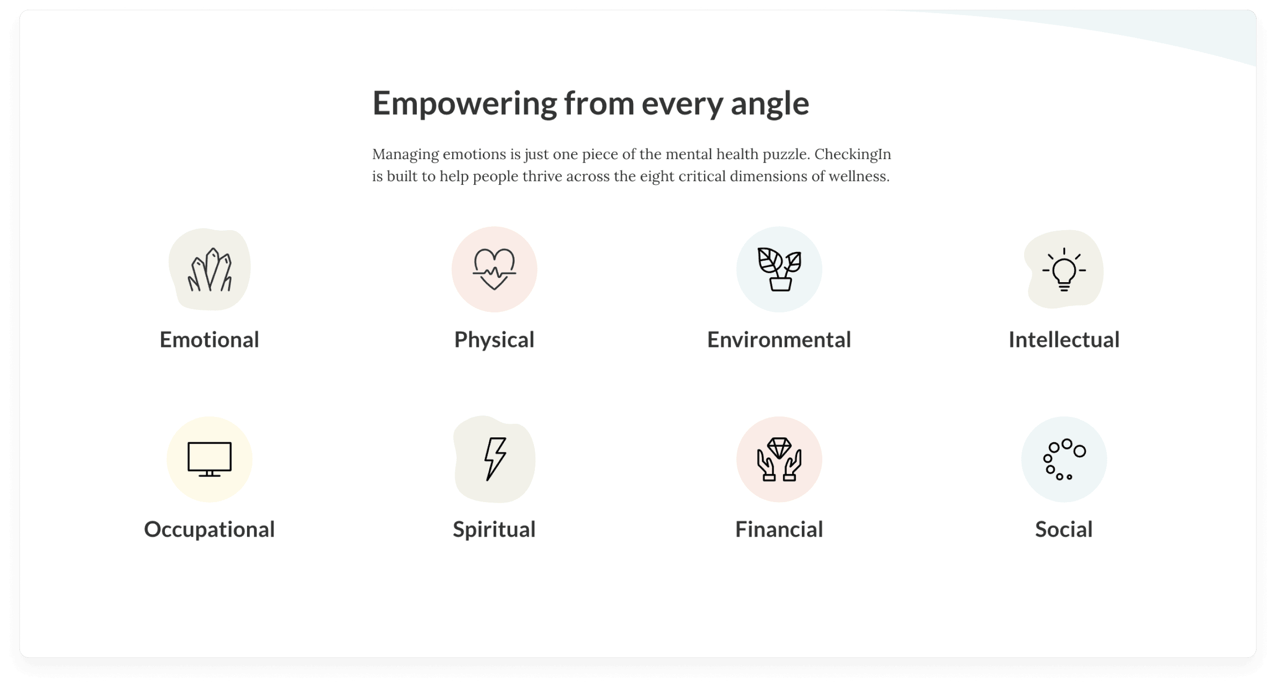 Empowering from every angle - Managing emotions is just one piece of the mental health puzzle. CheckingIn is built to help people thrive across the eight critical dimensions of wellness: emotional, physical, environmental, intellectual, occupational, spiritual, financial, social