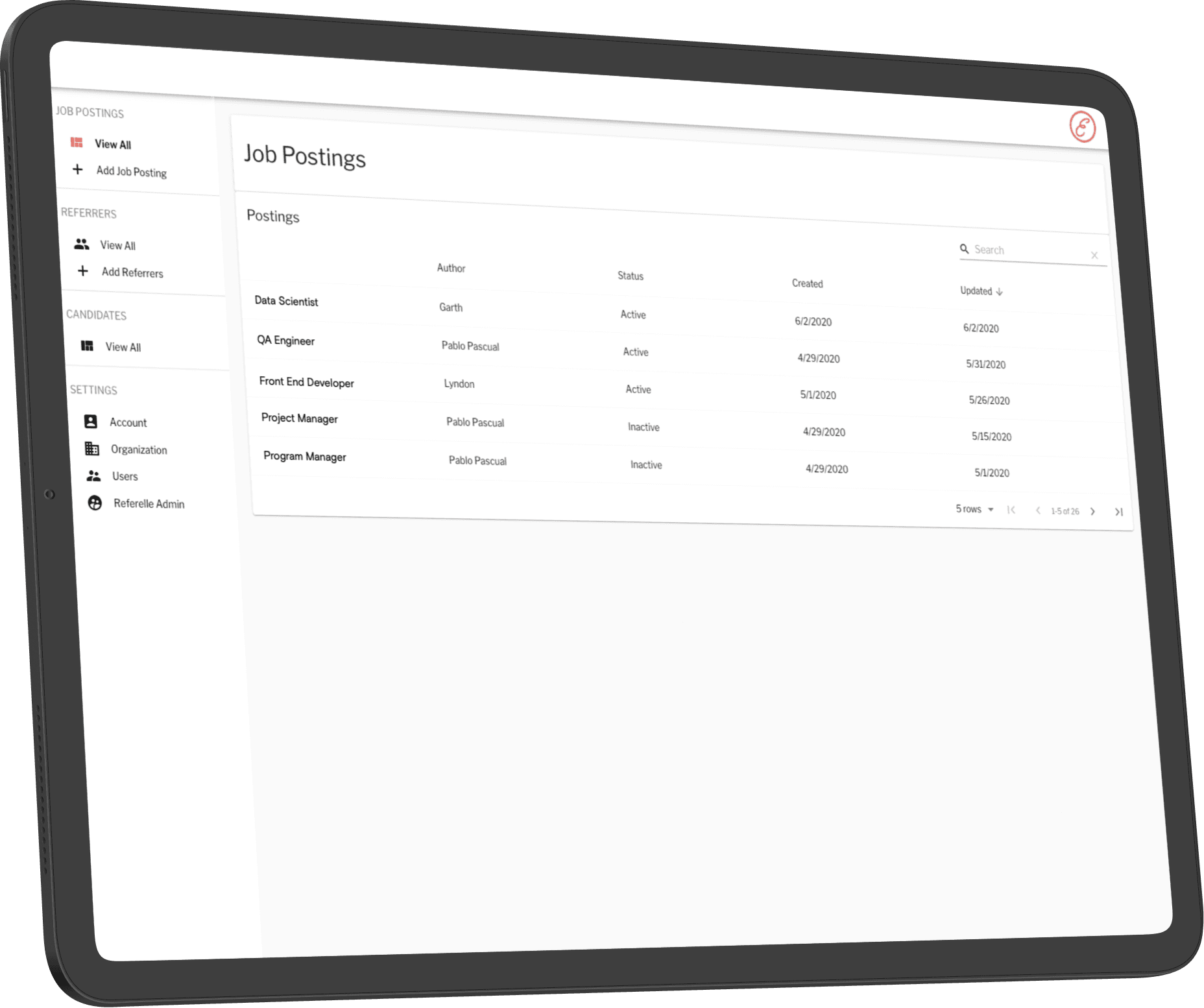Screenshot of Referelle job postings on a tablet