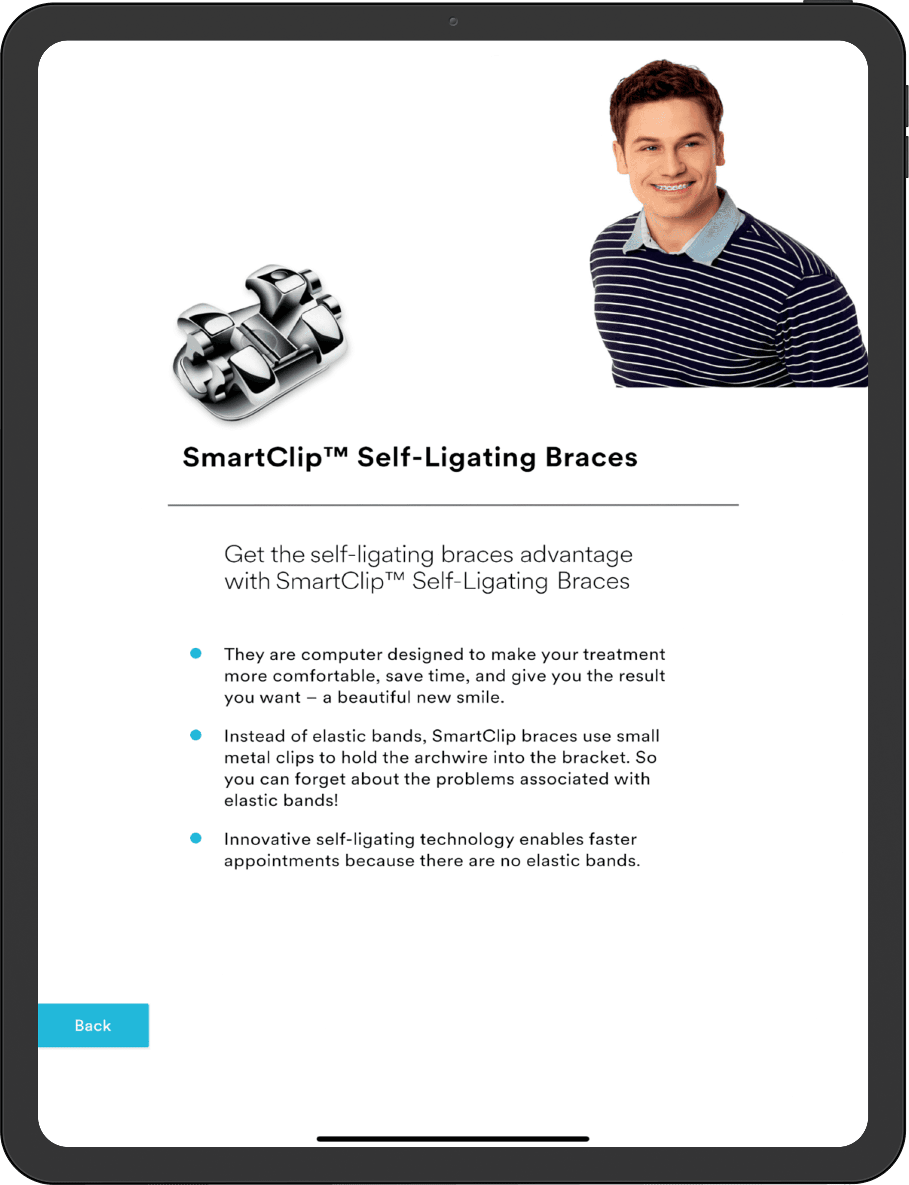 Tx Selector™ screenshot describing features of Clarity Advanced clear braces