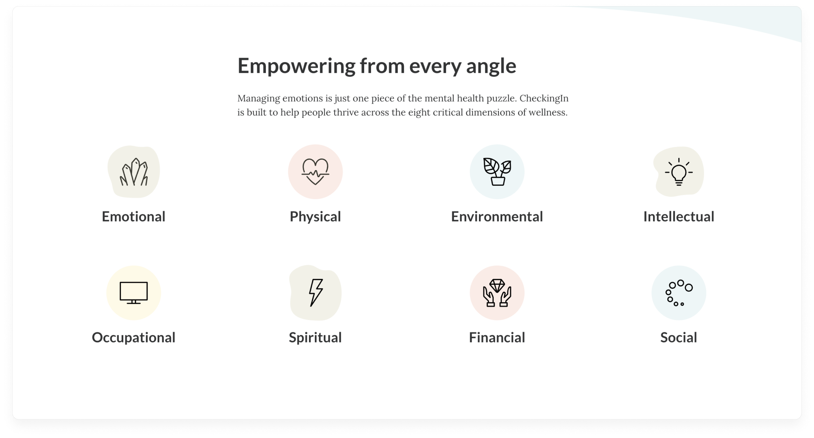 Empowering from every angle - Managing emotions is just one piece of the mental health puzzle. CheckingIn is built to help people thrive across the eight critical dimensions of wellness: emotional, physical, environmental, intellectual, occupational, spiritual, financial, social