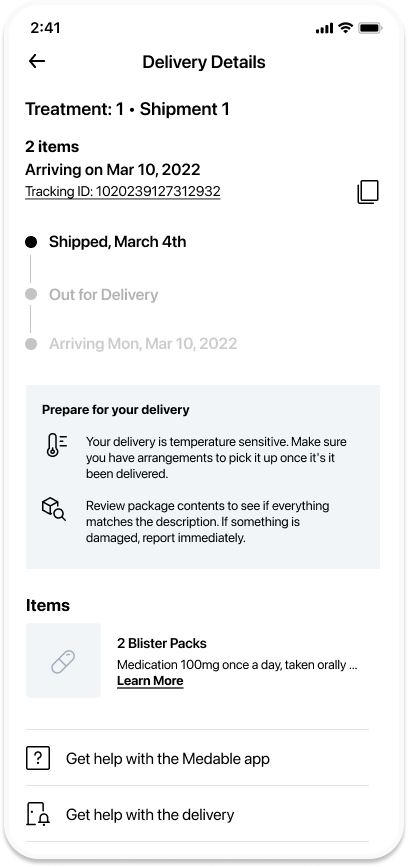 Phone showing the Medable mobile website shipping details page