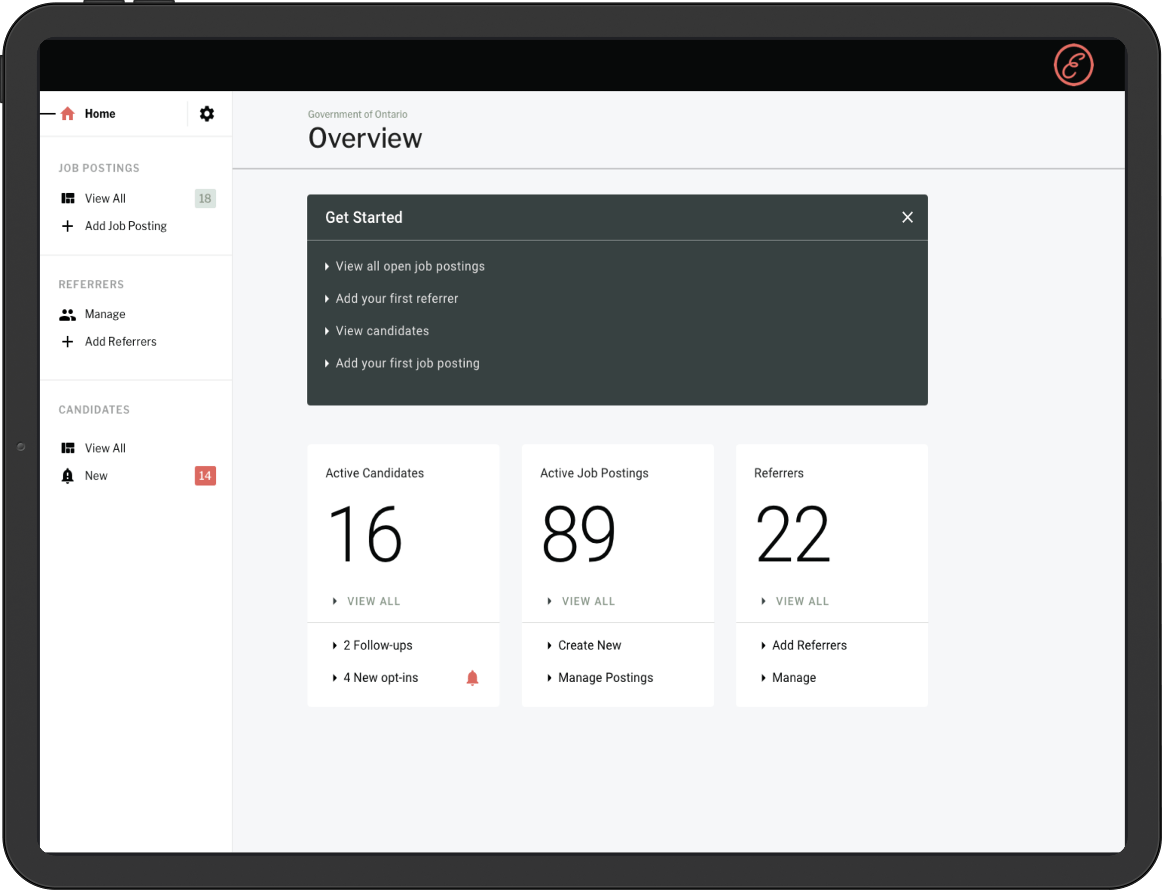 Screenshot of Referelle dashboard overview