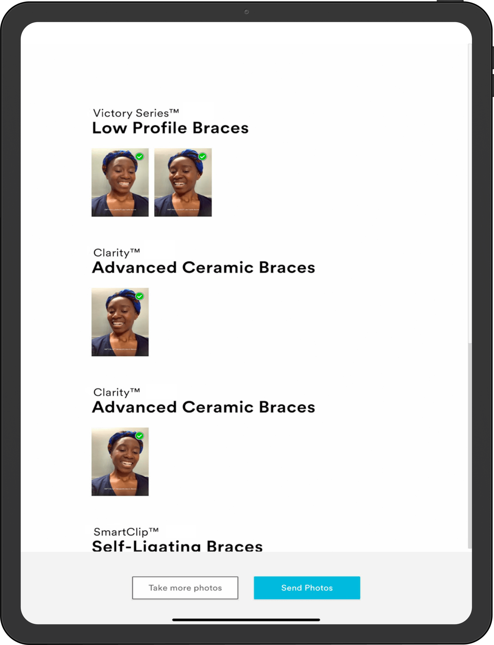 Tx Selector™ screenshot showing a user trying on different types of braces